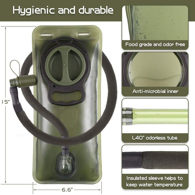 LANNEY 2L Hydration Bladder, Water Bladder for Hiking Backpack 2 Liter Military Green Water Storage Bag with Insulated Tube, Hydration Back Pack Replacement for Outdoor Camping Running Cycling - Image 2